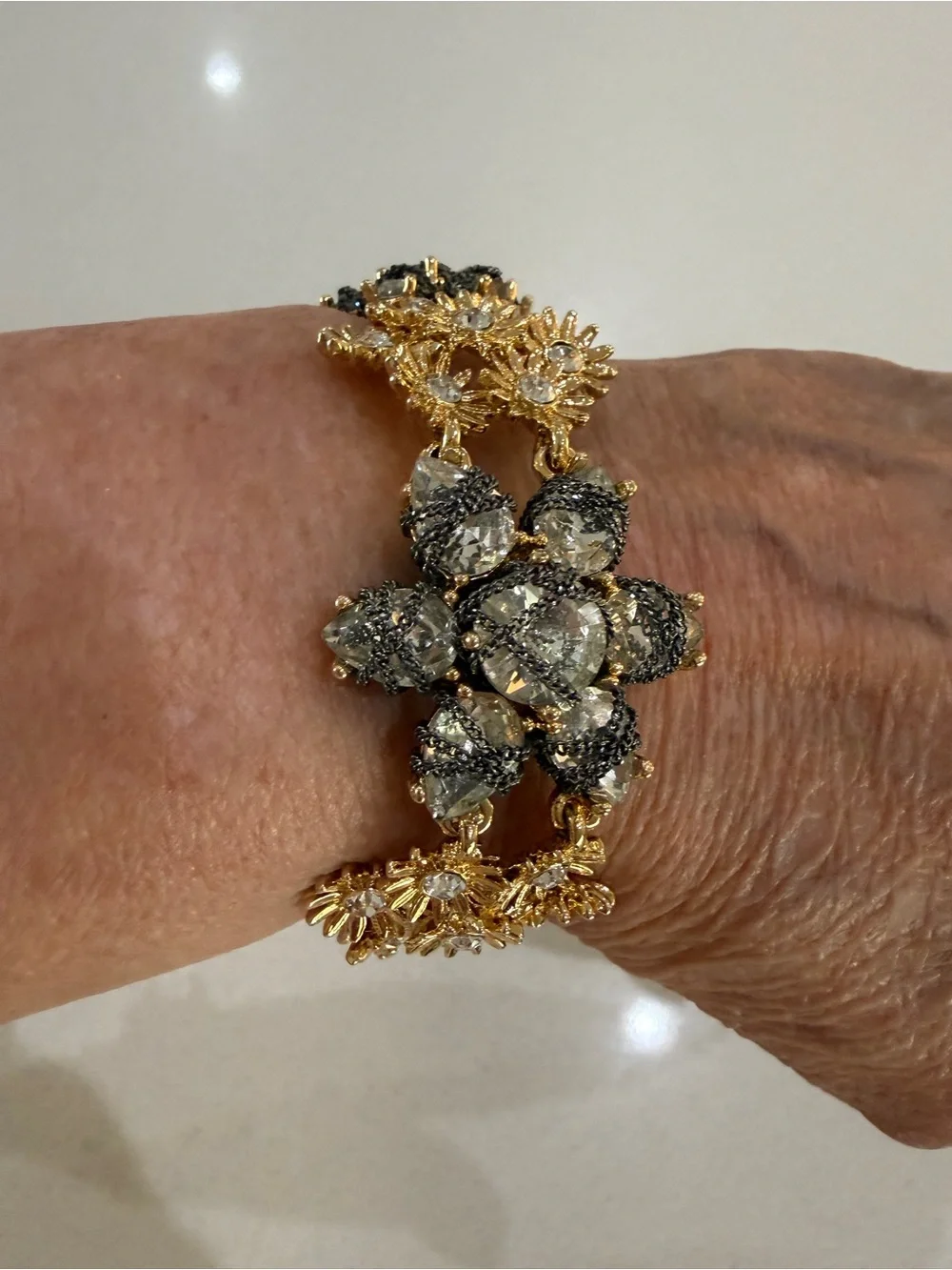 Ann Taylor Gold and Black Crystal Floral Bracelet